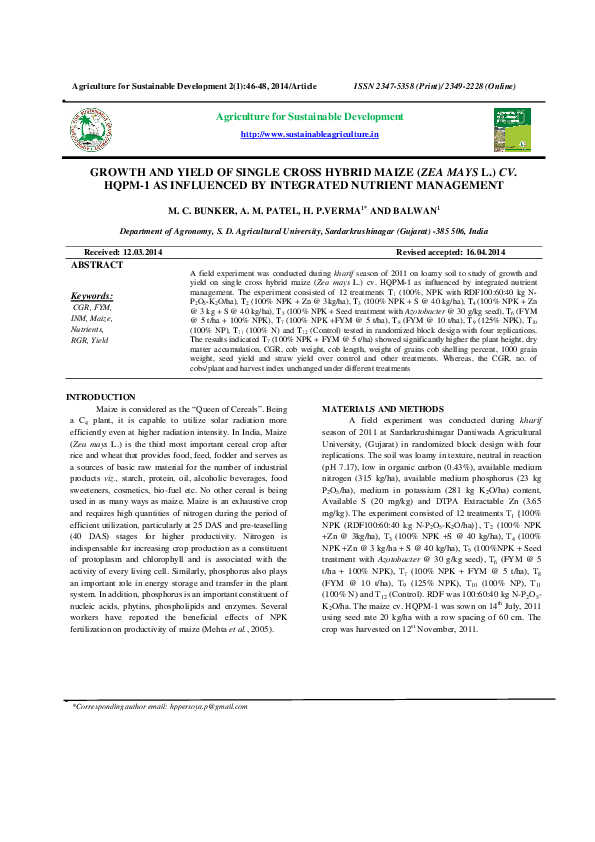 (PDF) GROWTH AND YIELD OF SINGLE CROSS HYBRID MAIZE (ZEA MAYS L.) CV ...