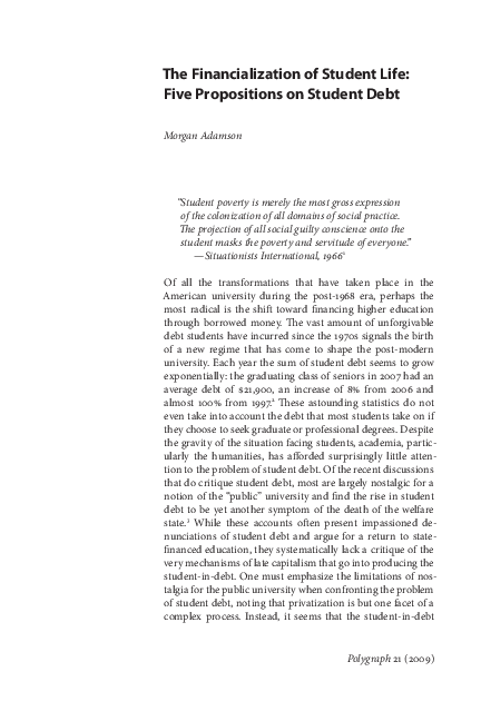 First page of “The Financialization of Student Life: Five Propositions on Student Debt”