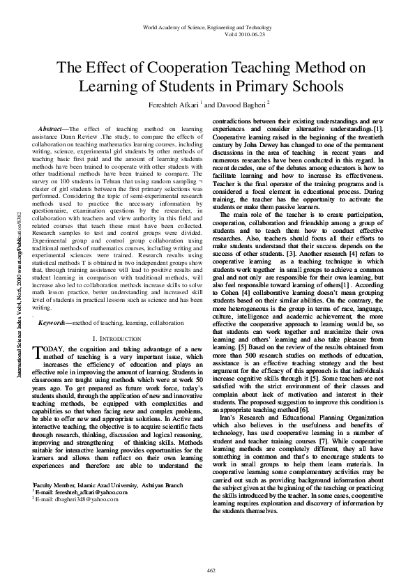 (PDF) The Effect of Cooperation Teaching Method on Learning of Students ...