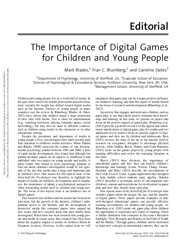 (PDF) The Importance of Digital Games for Children and Young People