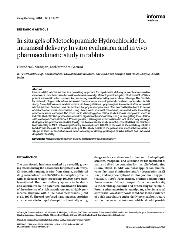 (PDF) In situ gels of Metoclopramide Hydrochloride for intranasal