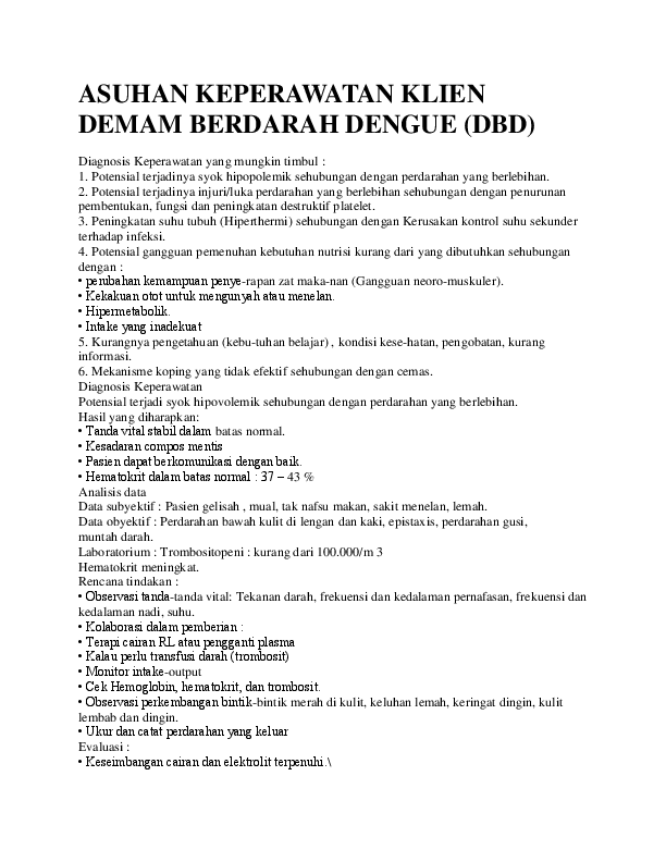 Doc Asuhan Keperawatan Klien Demam Berdarah Dengue Dbd Diagnosis Ayunda Naay Academia Edu