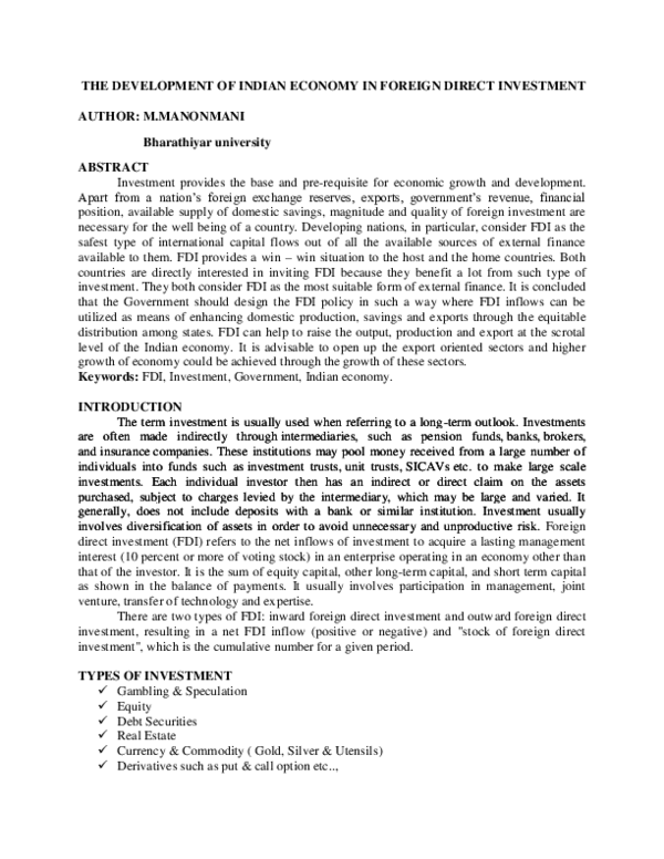 (DOC) THE DEVELOPMENT OF INDIAN ECONOMY IN FOREIGN DIRECT INVESTMENT