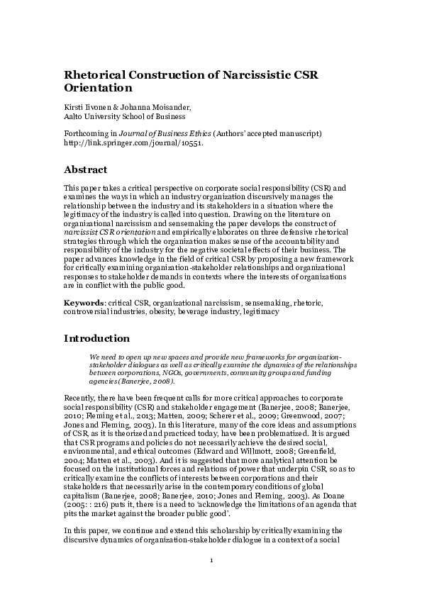 (PDF) Rhetorical Construction of Narcissistic CSR Orientation