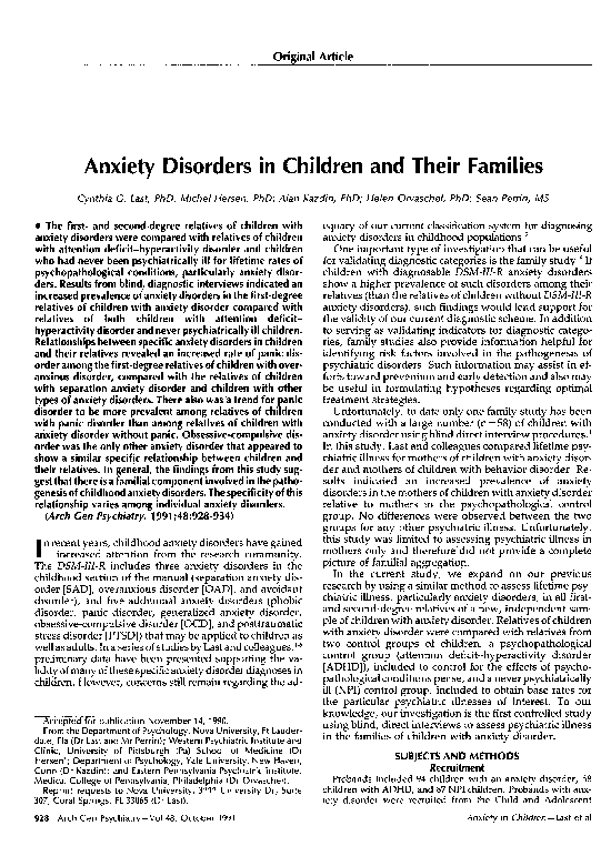 (PDF) Anxiety Disorders in Children and Their Families