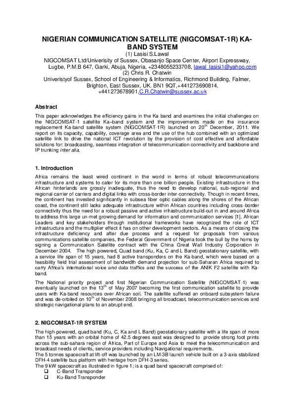 (PDF) NIGERIAN COMMUNICATION SATELLITE KA BAND SYSTEM