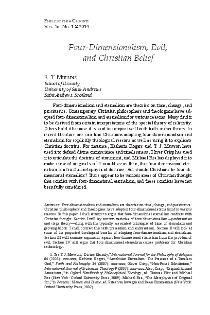 (PDF) Four-Dimensionalism, Evil, and Christian Belief