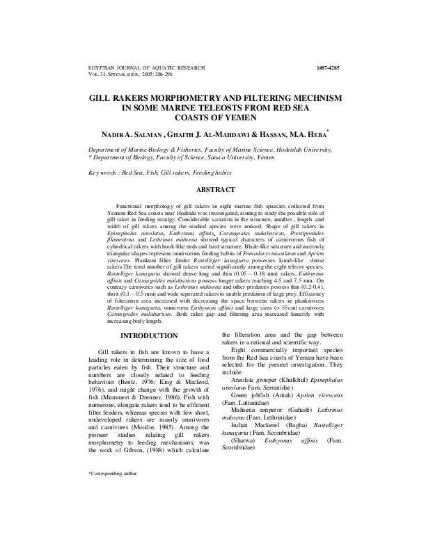 (PDF) GILL RAKERS MORPHOMETRY AND FILTERING MECHNISM IN SOME MARINE ...