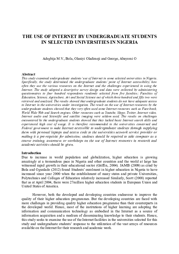 (DOC) THE USE OF INTERNET BY UNDERGRADUATE STUDENTS IN SELECTED ...