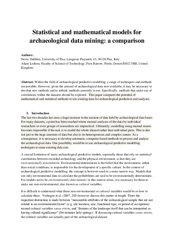 Doc Statistical And Mathematical Models For Archaeological Data Doc Statistical And Mathematical Models For Archaeological Data