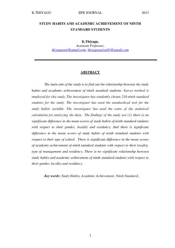 (PDF) STUDY HABITS AND ACADEMIC ACHIEVEMENT OF NINTH STANDARD STUDENTS