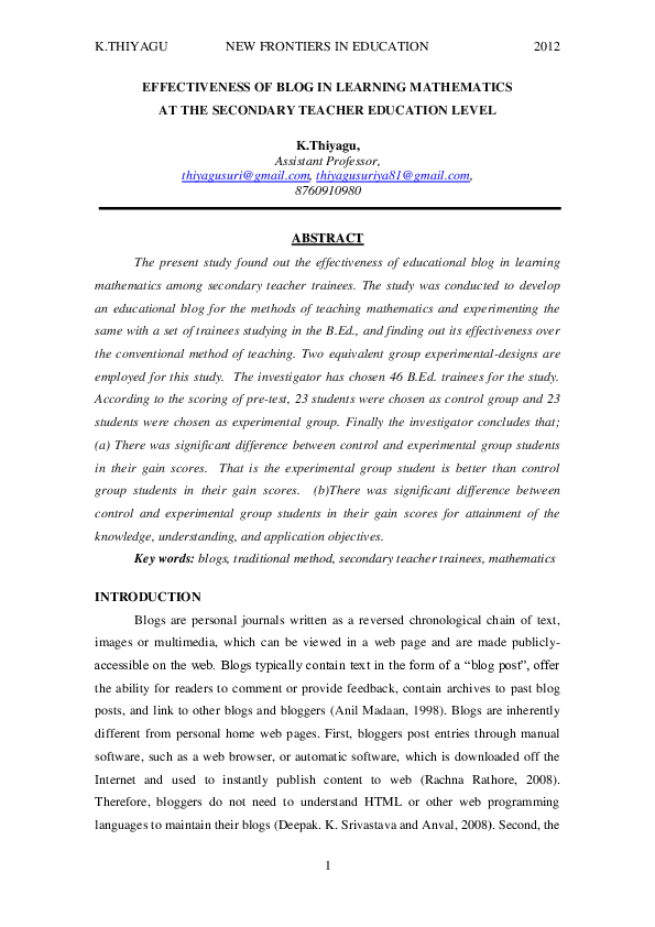 (PDF) EFFECTIVENESS OF BLOG IN LEARNING MATHEMATICS AT THE SECONDARY ...