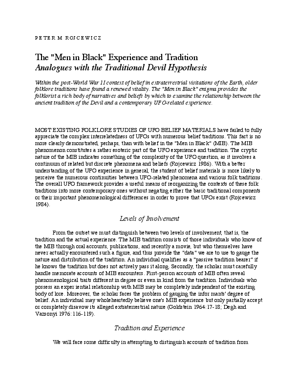 First page of “Peter M. Rojcewicz, PhD, The "Men in Black" Experience and Tradition: Analogues with the Traditional Devil Hypothesis, published in the Journal of American Folklore”