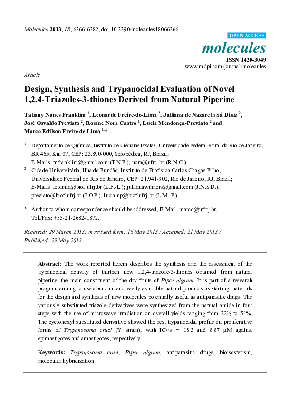 (PDF) Design, Synthesis and Trypanocidal Evaluation of Novel 1,2,4 ...