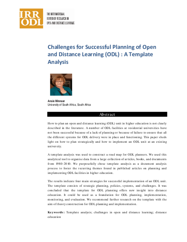 Challenges For Successful Planning Of Open And Distance Learning ODL A Template Analysis 