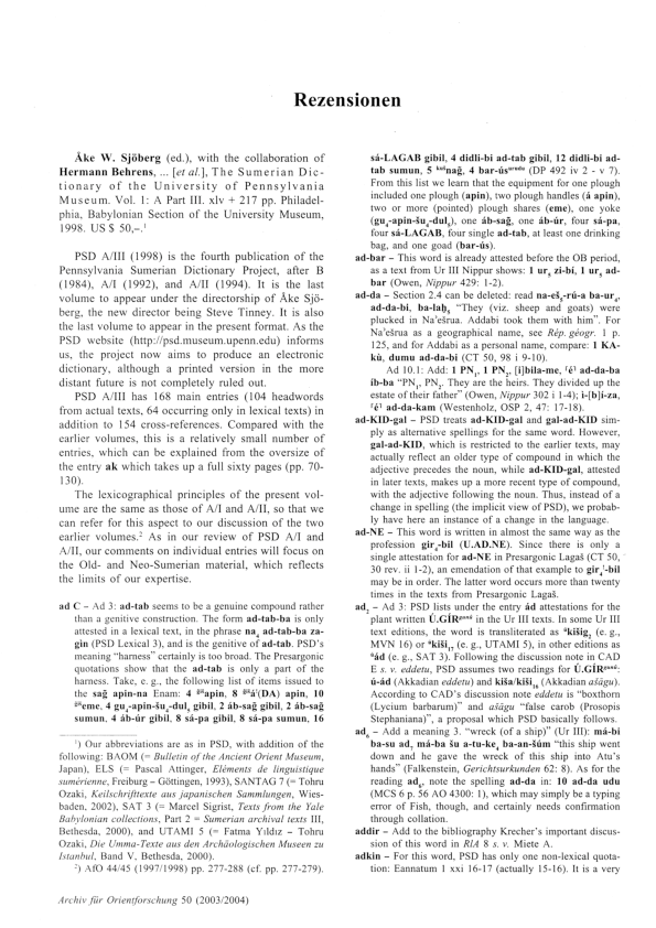 Review of The Sumerian dictionary, A, Part III Bram Jagersma