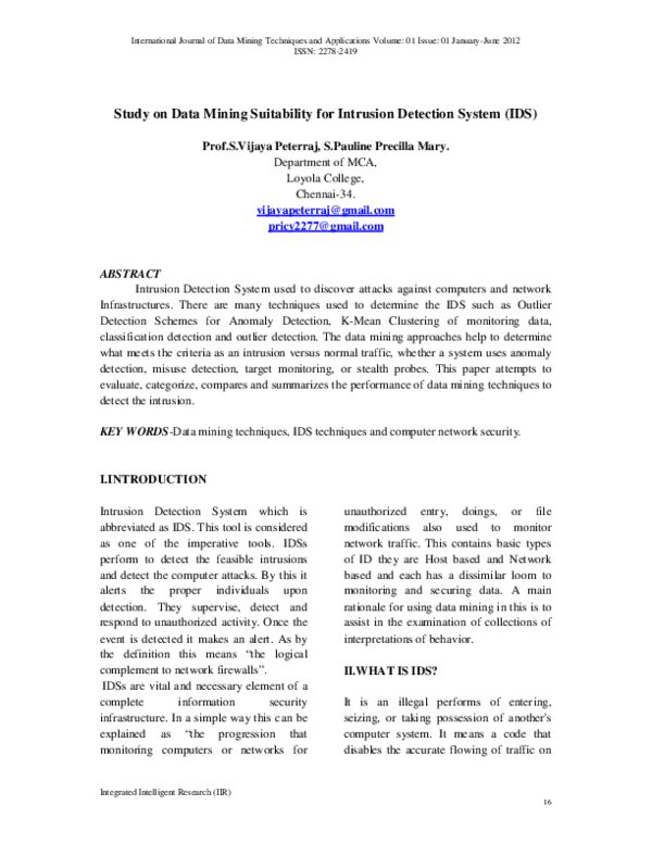 (PDF) Study on Data Mining Suitability for Intrusion Detection System (IDS