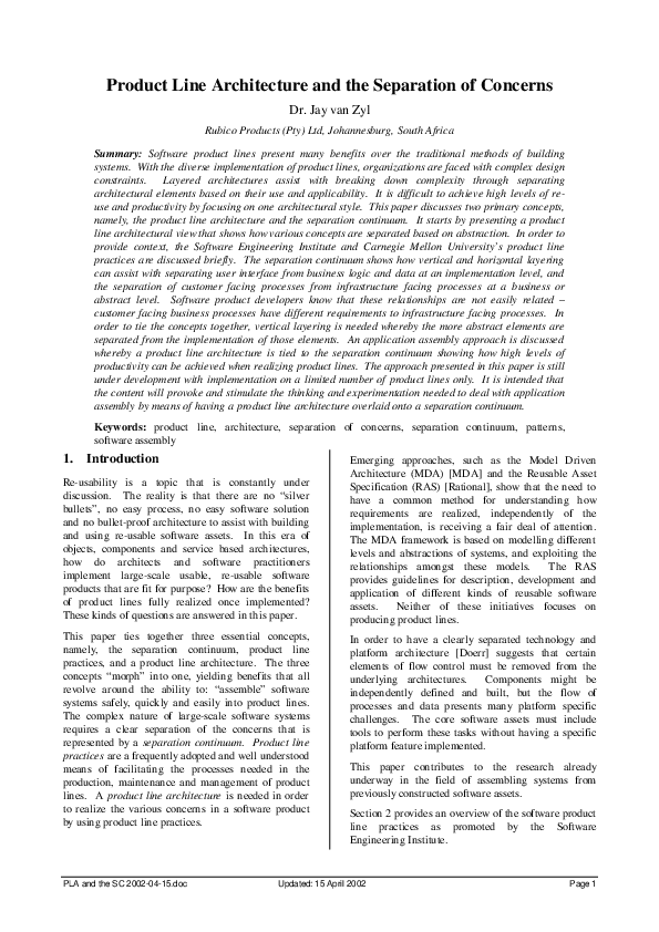 (PDF) Product Line Architecture and the Separation of Concerns