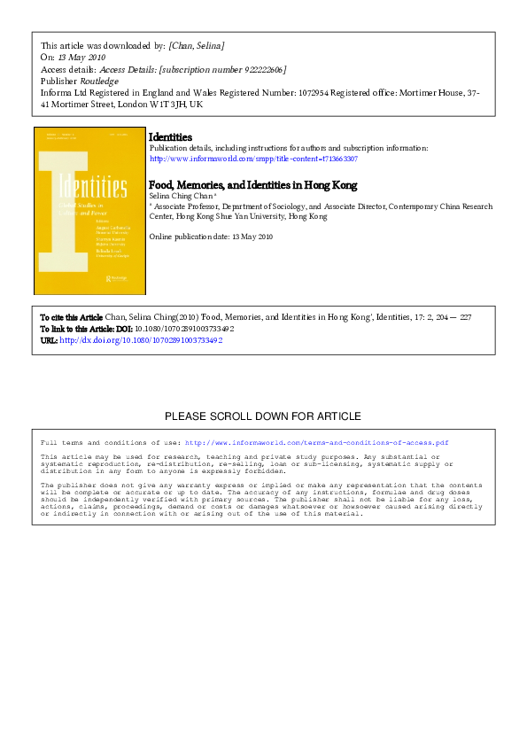 (PDF) Food, Memories and Identities in Hong Kong Selina Chan