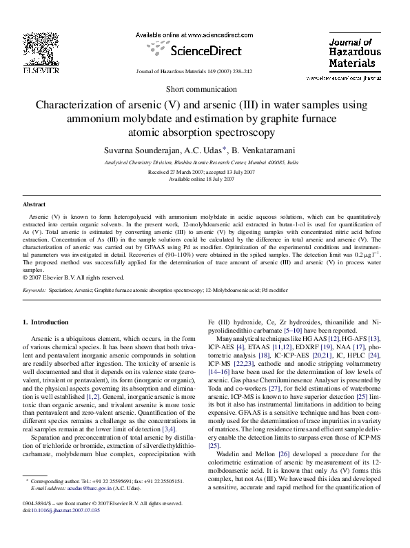 (PDF) Characterization of arsenic (V) and arsenic (III) in water ...