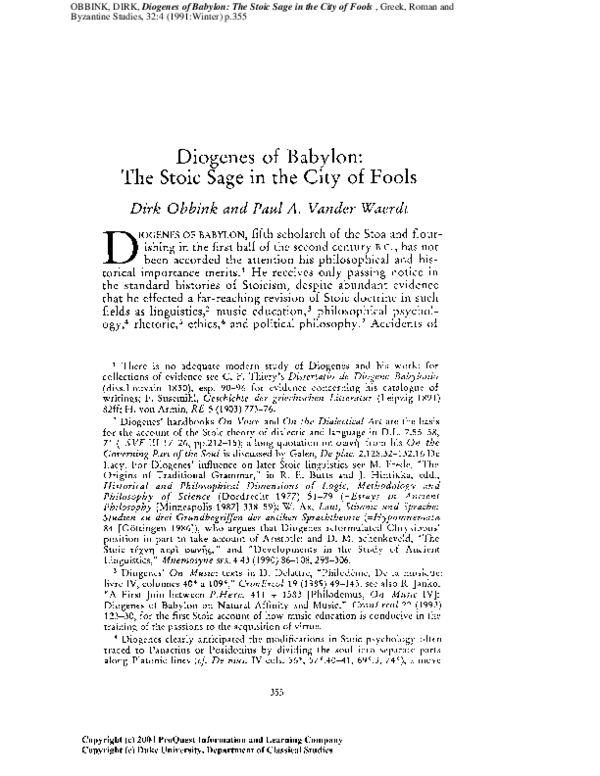 (PDF) Diogenes of Babylon, The Stoic Sage in the City of Fools