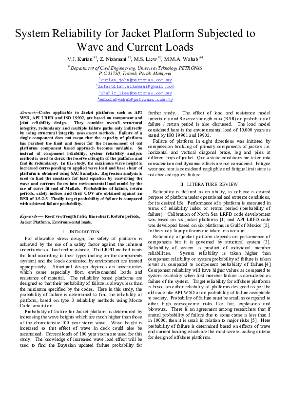 (PDF) System Reliability for Jacket Platform Subjected to Wave and ...
