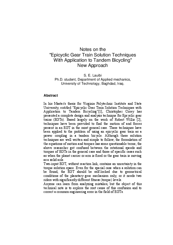 (PDF) Notes on the "Epicyclic Gear Train Solution Techniques With