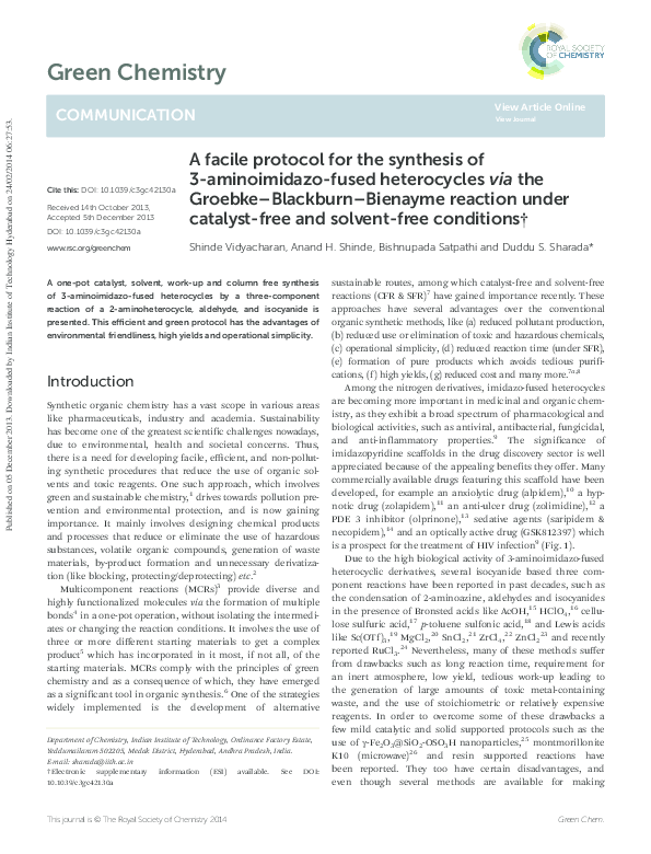 (PDF) Green Chemistry A facile protocol for the synthesis of 3 ...