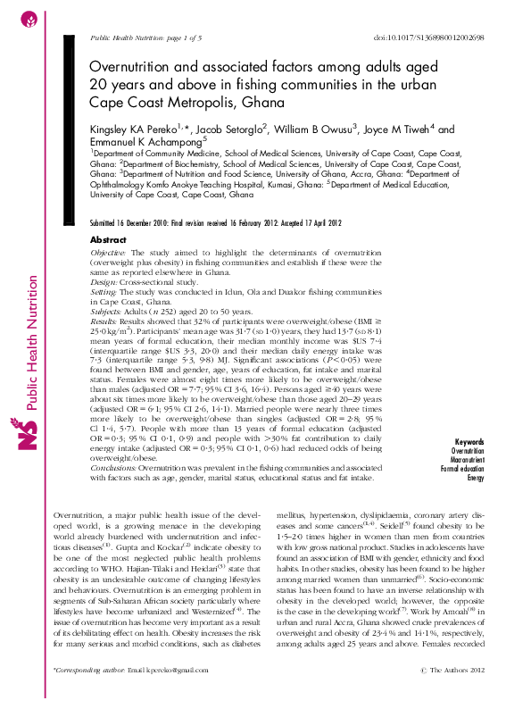 (PDF) Overnutrition and associated factors among adults aged