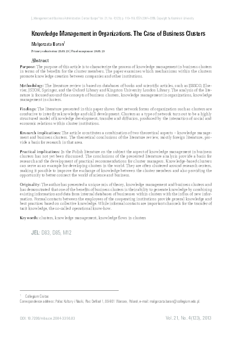(PDF) Knowledge Management in Organizations. The Case of Business Clusters