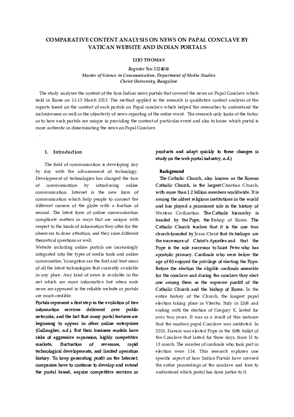 (DOC) COMPARATIVE CONTENT ANALYSIS ON NEWS ON PAPAL CONCLAVE BY VATICAN ...