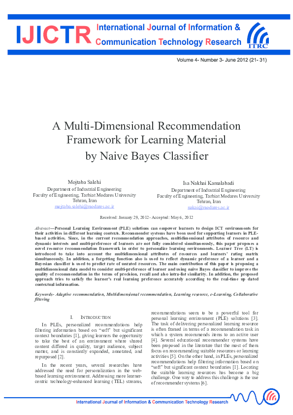 (PDF) A Multi-dimensional Recommendation Framework for Learning ...