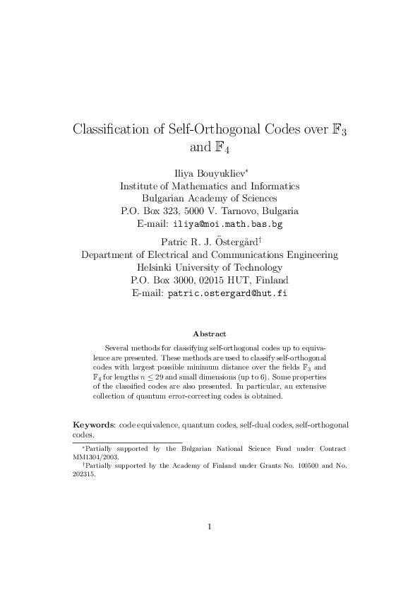 (PDF) Classification of Self-Orthogonal Codes over F3 and F4