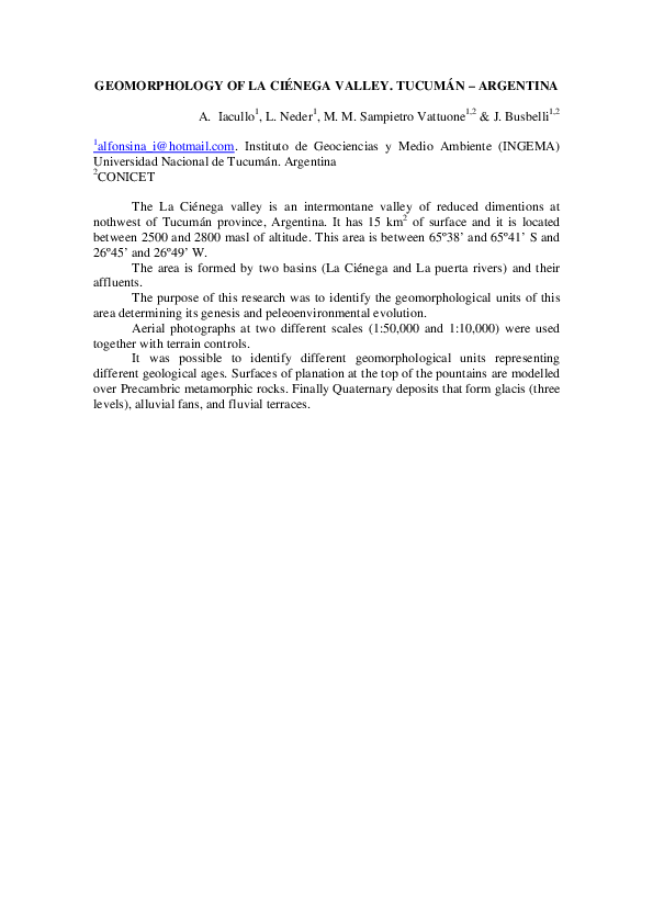 (PDF) GEOMORPHOLOGY OF LA CIÉNEGA VALLEY. TUCUMÁN ARGENTINA Maria