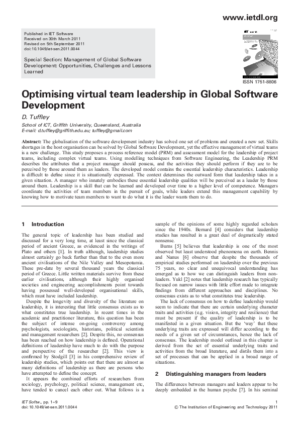 (PDF) Optimising virtual team leadership in Global Software Development