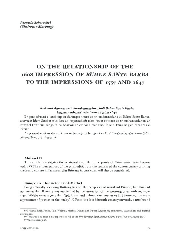 On the relationship of the 1608 impression of Buhez Sante Barba to the impressions of 1557 and 1647