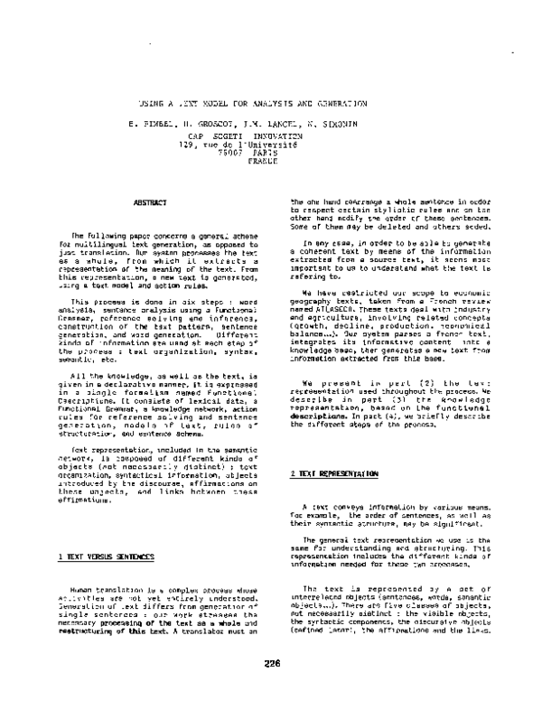 (PDF) Using A Text Model For Analysis And Generation