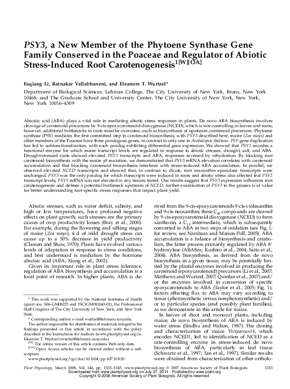 (PDF) PSY3, a New Member of the Phytoene Synthase Gene Family Conserved ...