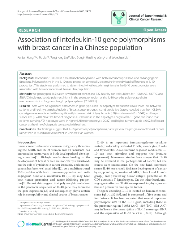 (PDF) Association of interleukin-10 gene polymorphisms with breast ...