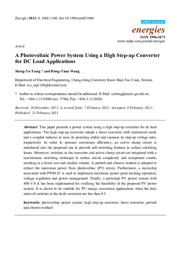 (PDF) A Photovoltaic Power System Using a High Step-up Converter for DC ...