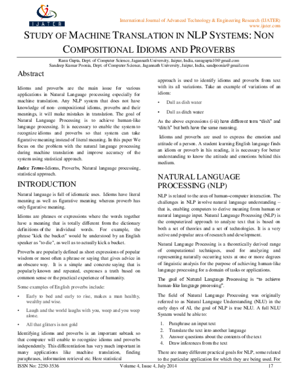 (PDF) STUDY OF MACHINE TRANSLATION IN NLP SYSTEMS: NON COMPOSITIONAL ...