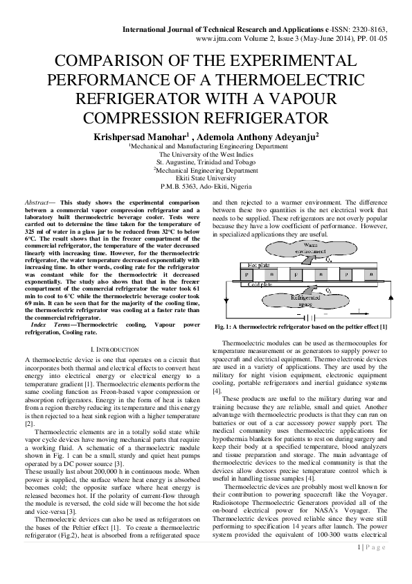 (PDF) Comparison Of The Experimental Performance Of A Thermoelectric