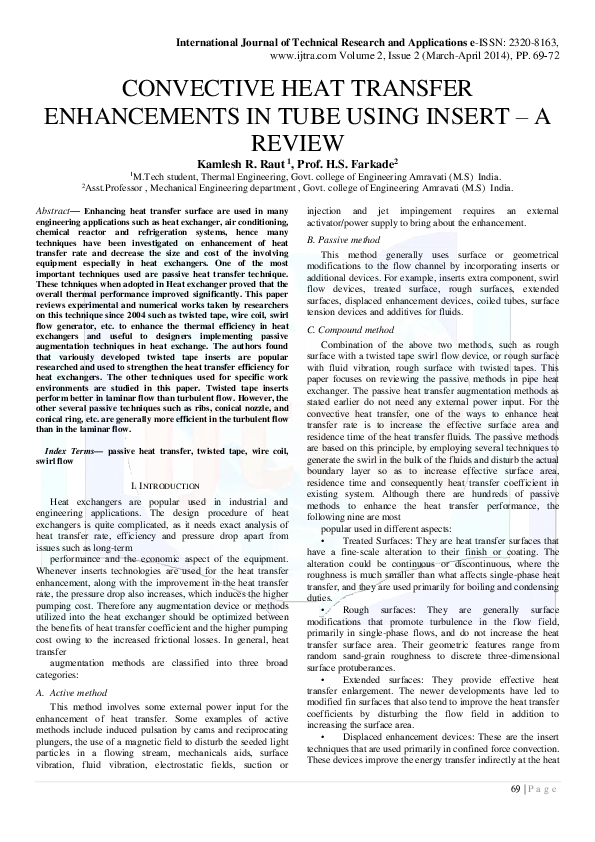 (PDF) Convective Heat Transfer Enhancements In Tube Using Insert A Review