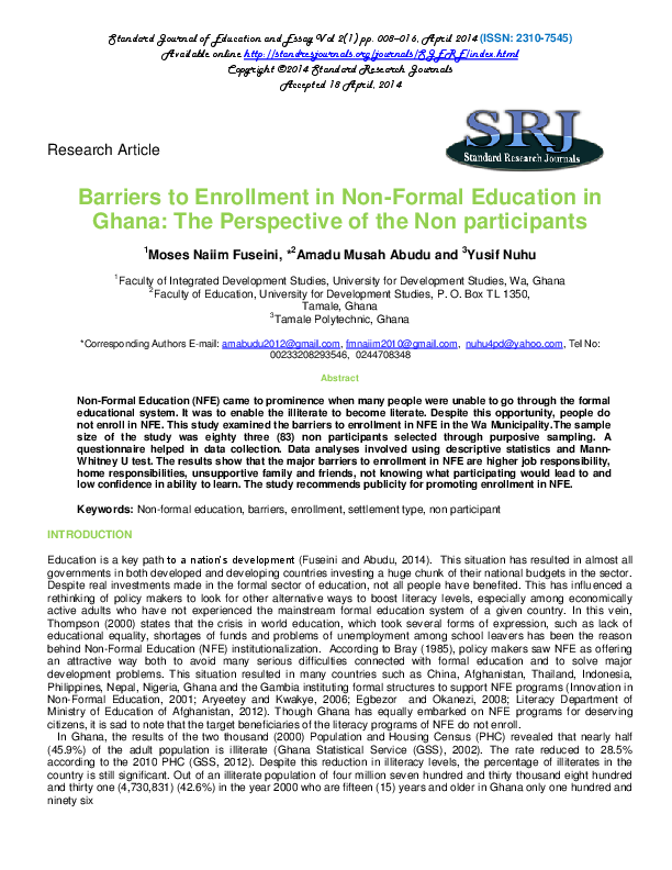 Pdf Barriers To Enrollment In Non Formal Education In Ghana The