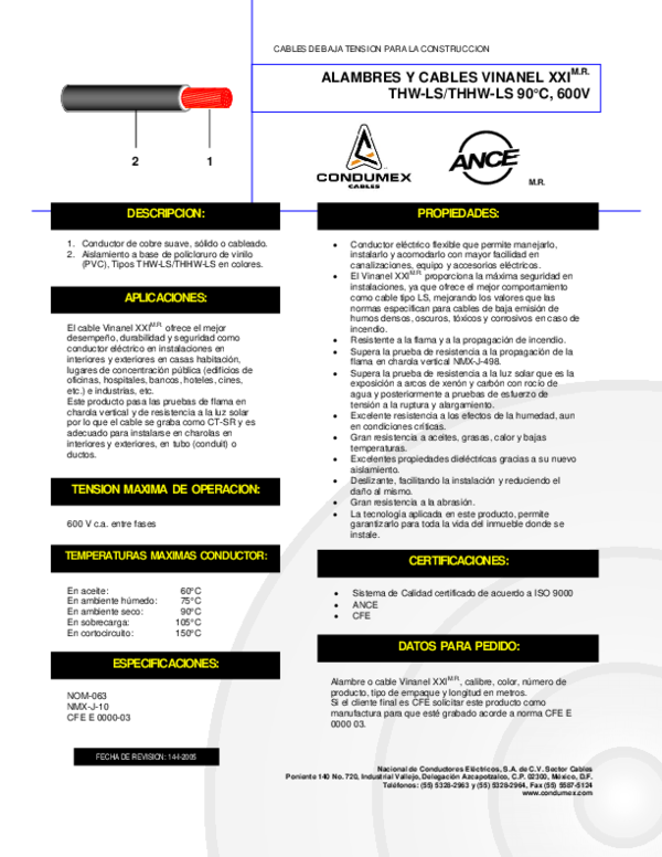 (PDF) ALAMBRES Y CABLES VINANEL XXI THWLS/THHWLS 90°C, 600V Paulina