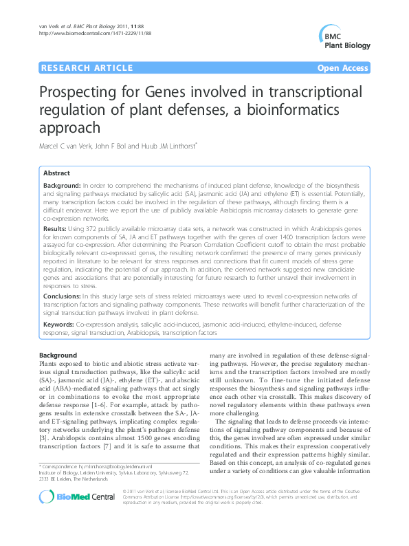 (PDF) BMC Plant Biol 2011 van Verk Prospecting for Genes involved in ...
