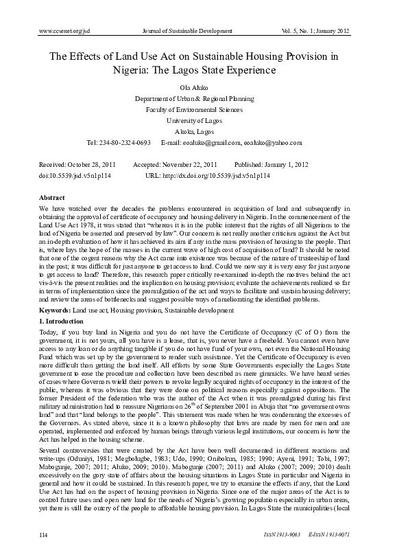 (PDF) The Effects of Land Use Act on Sustainable Housing Provision in