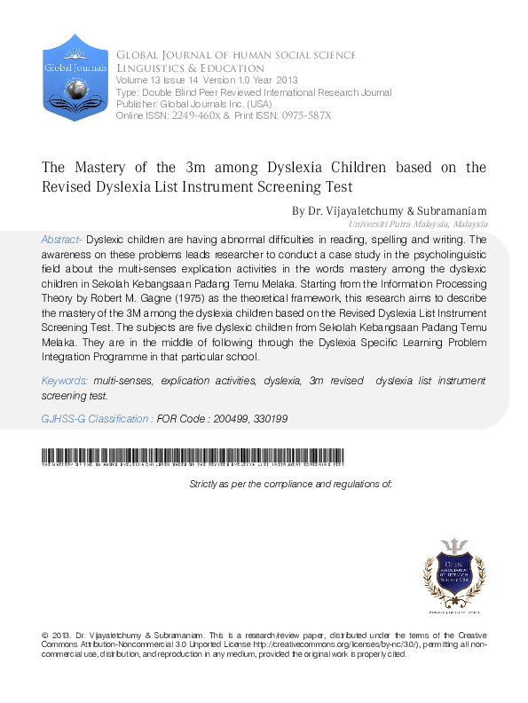 (PDF) The Mastery of the 3m among Dyslexia Children Based on the ...