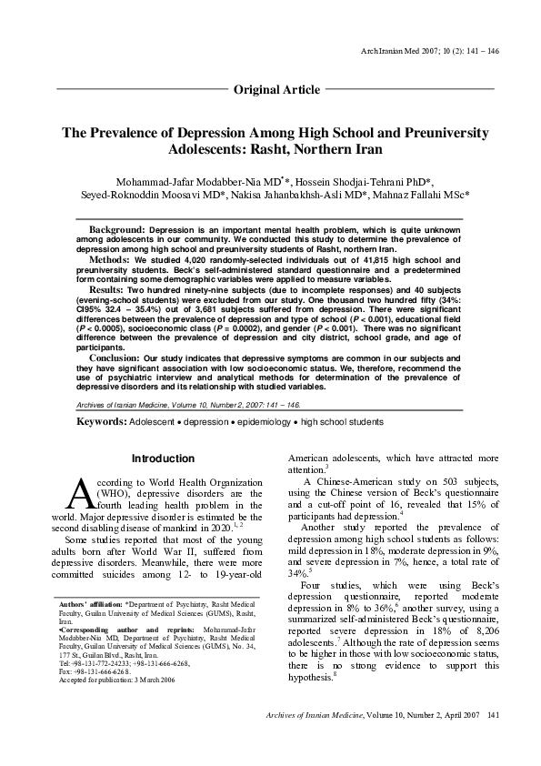 (PDF) The Prevalence of Depression Among High School and Preuniversity ...