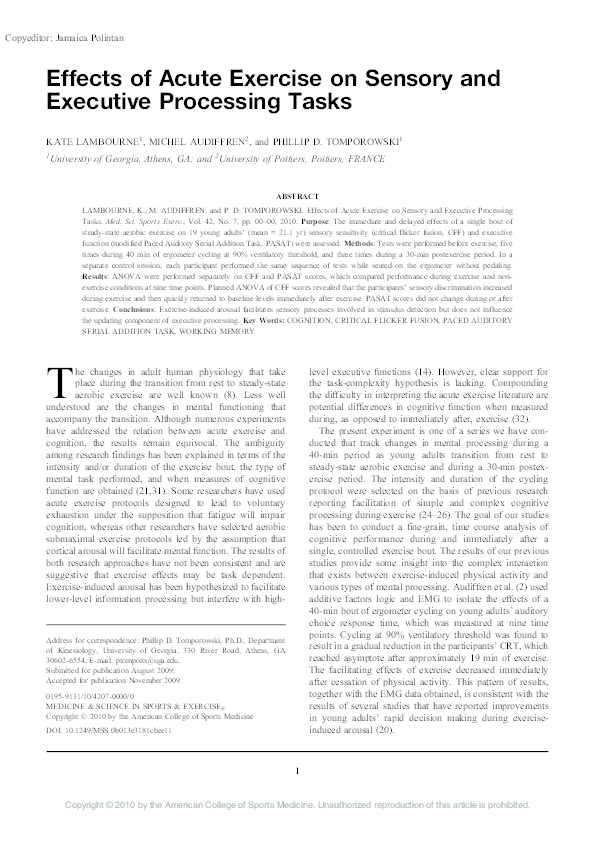 (PDF) Effects of Acute Exercise on Sensory and Executive Processing Tasks